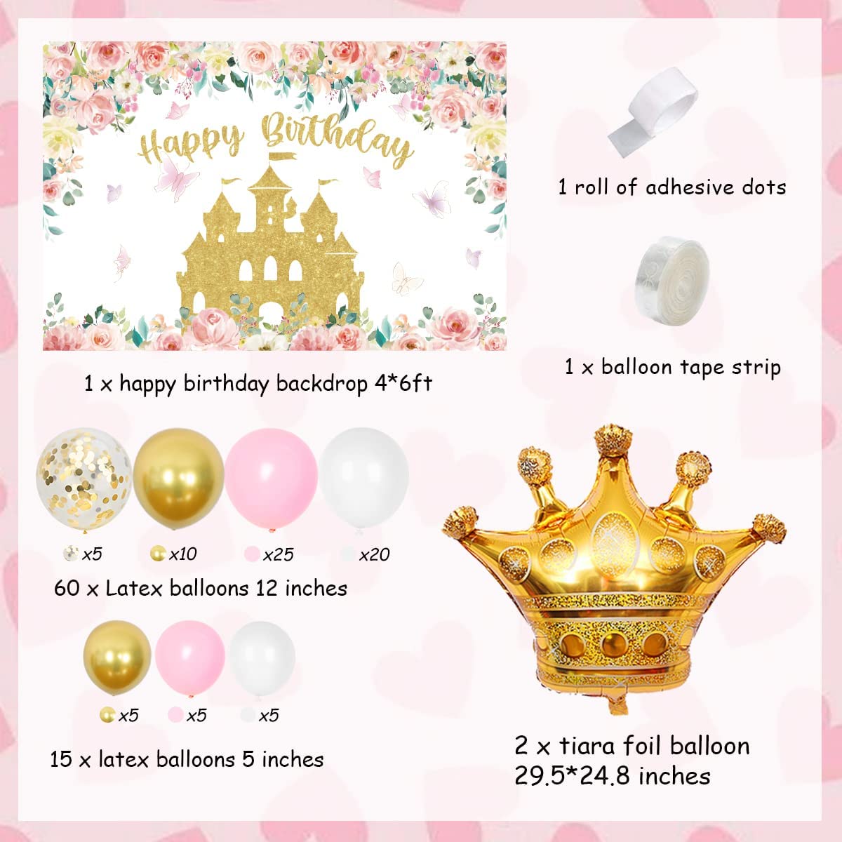 Princess Pink Gold Balloon Garland Kit Happy Birthday Backdrop Crown Foil Balloons Girl Party Decoration Inflatable Decorations