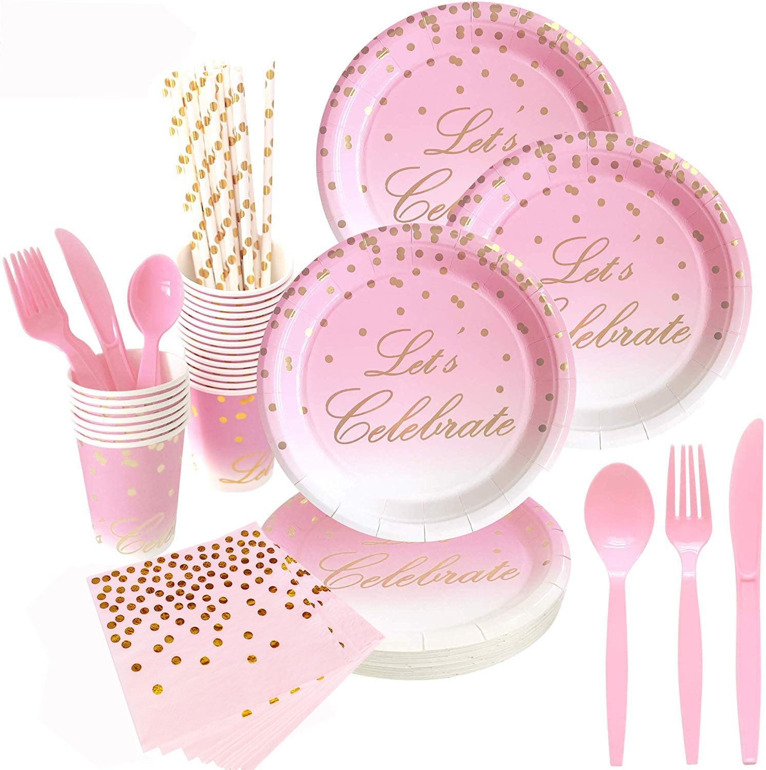 Gold Pink Disposable Tableware Set Paper Plate Cup Tissue Baby Shower Birthday Anniversary Party Decoration Supplies 