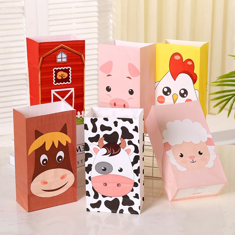 pcs Cartoon Animals Kraft Paper Gift Bags Stickers Packaging Sealed Bag Kids Birthday Farm Party Festival Supplies 