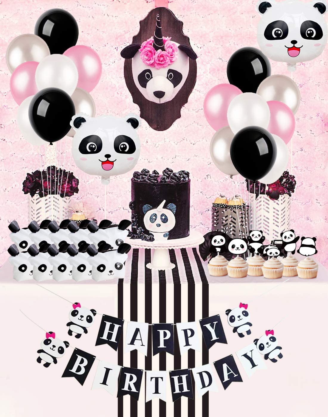 Panda Theme Party Decoration Black White Balloon Set Happy Birthday Banner Cake Toppers Supplies 