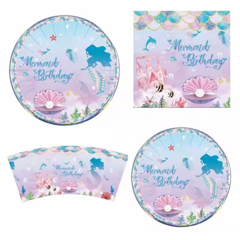 Mermaid Theme Disposable Tableware Happy Birthday Banner Paper Plate Cups Napkins Decoration Girl Party Decor 