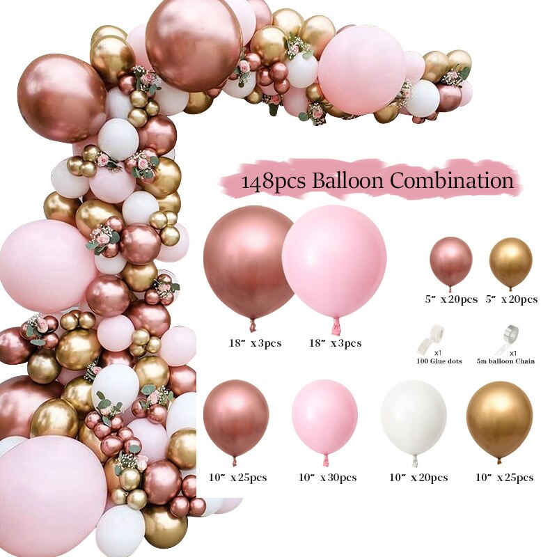 148pcs Rose Gold Metallic Balloon Arch Garland Kit for Wedding Birthday Party Gender Reveal Baby Shower Christening Decoration PartyDecorHQ