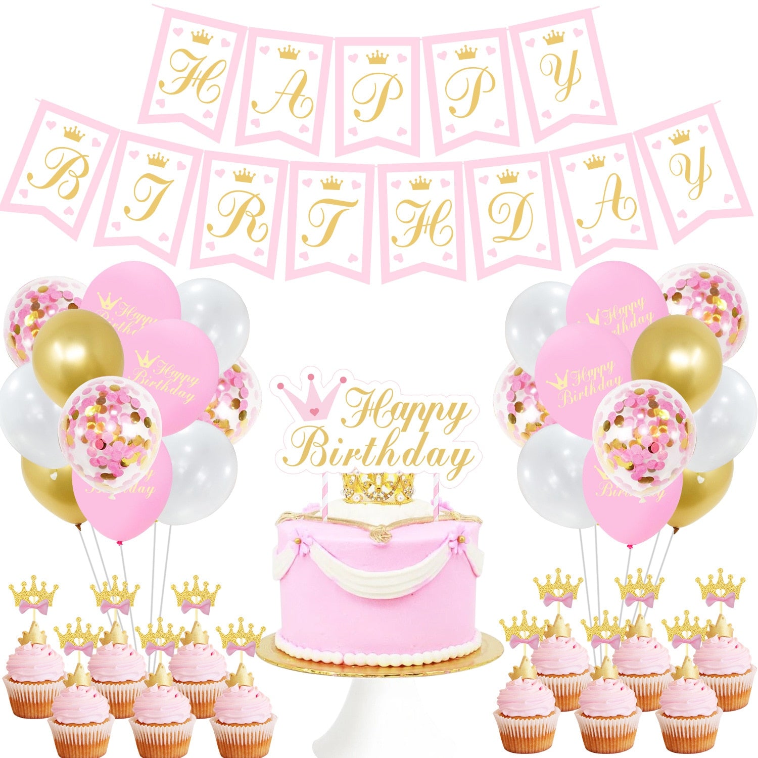 Princess Themed Party Decorations Crown Banner Cake Toppers Pink Gold Confetti Balloons st Birthday Supplies 