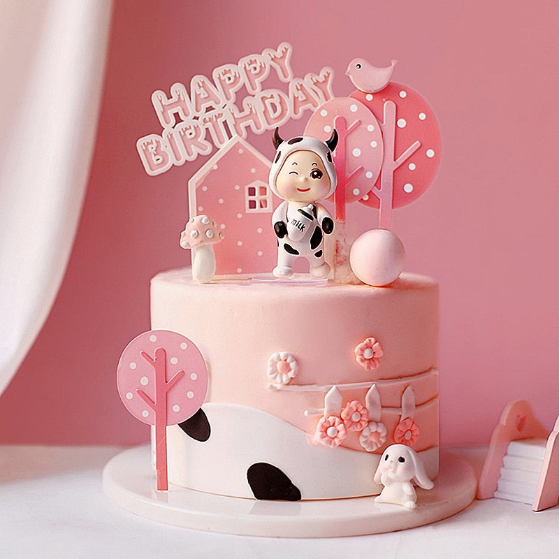 Child Happy Birthday Acrylic Cake Toppers Flag Pink Farm Cow Baby Rabbit Kid's Party Supplies Gifts 