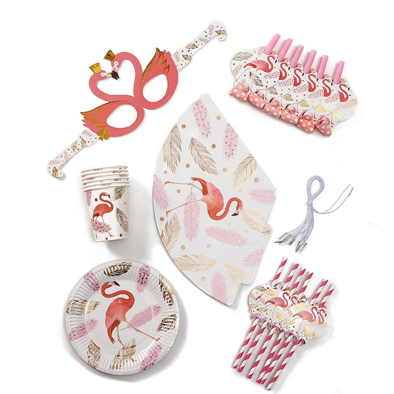 Flamingo Theme Children's Birthday Party Tableware Set Disposable Paper Plate Straw Blowing Dragon Supplies 