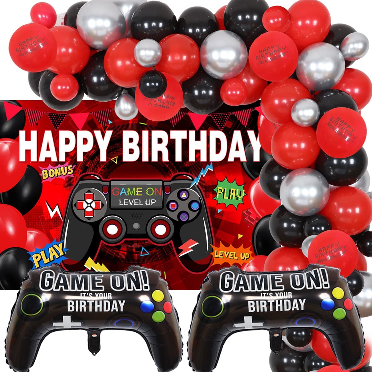 Video Game Birthday Party Decorations Black Red Balloon Garland Kit Backdrop Boys Supplies Inflatable