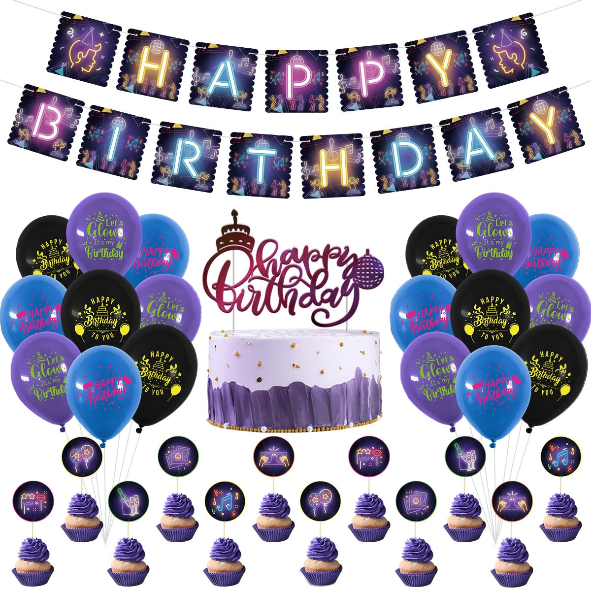 Luminous Glow Birthday Party Decoration Balloon Set Letter Banner Cake Topper Mask Youth Carnival Supplies 