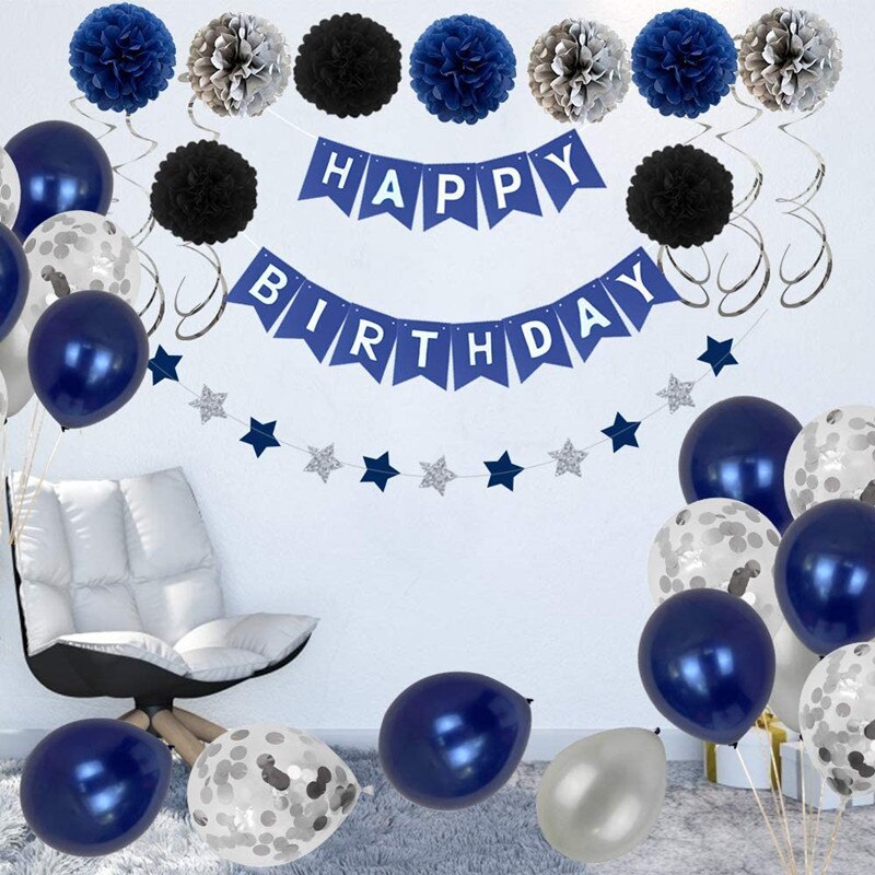 Navy Blue Party Decoration Black Balloon Set Happy Birthday Banner Paper Pompoms st Supplies 