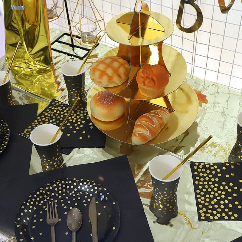 Disposable Tableware Set Decoration Black Gold Balloons Birthday Party Decor Kids Ball Paper Supplies Home Globos 