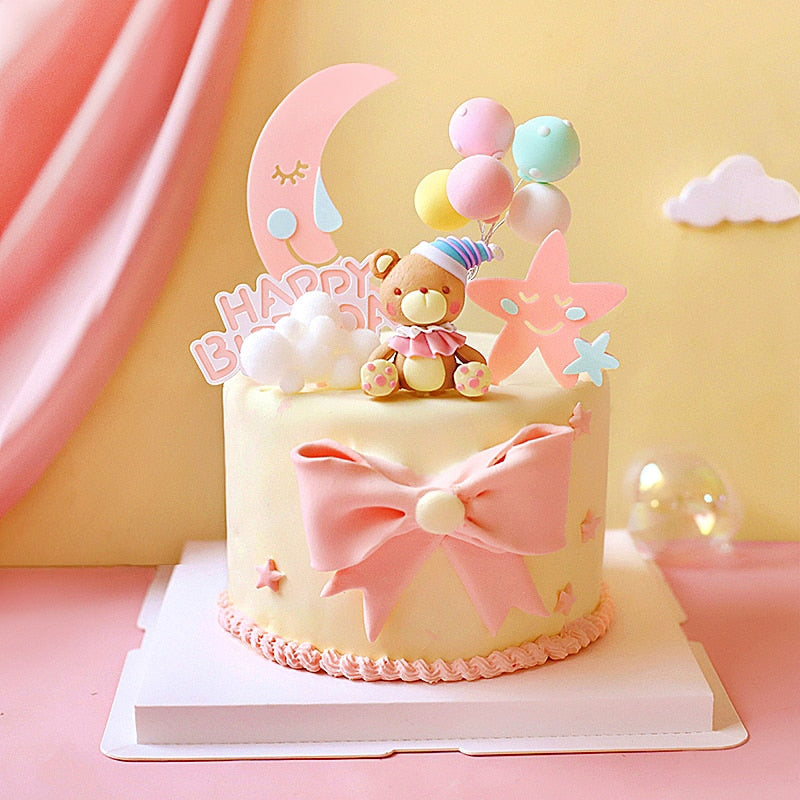 Cartoon Lovely Bear Birthday Party Star Moon Cake Topper Child Theme Baby Dessert Decoration Baking Cakes 