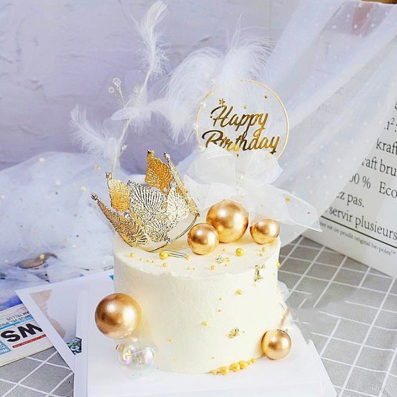 Birthday Cake Topper Party Feather Flag Metal Crown Decoration Creative Baking Supplies Decor Dessert 