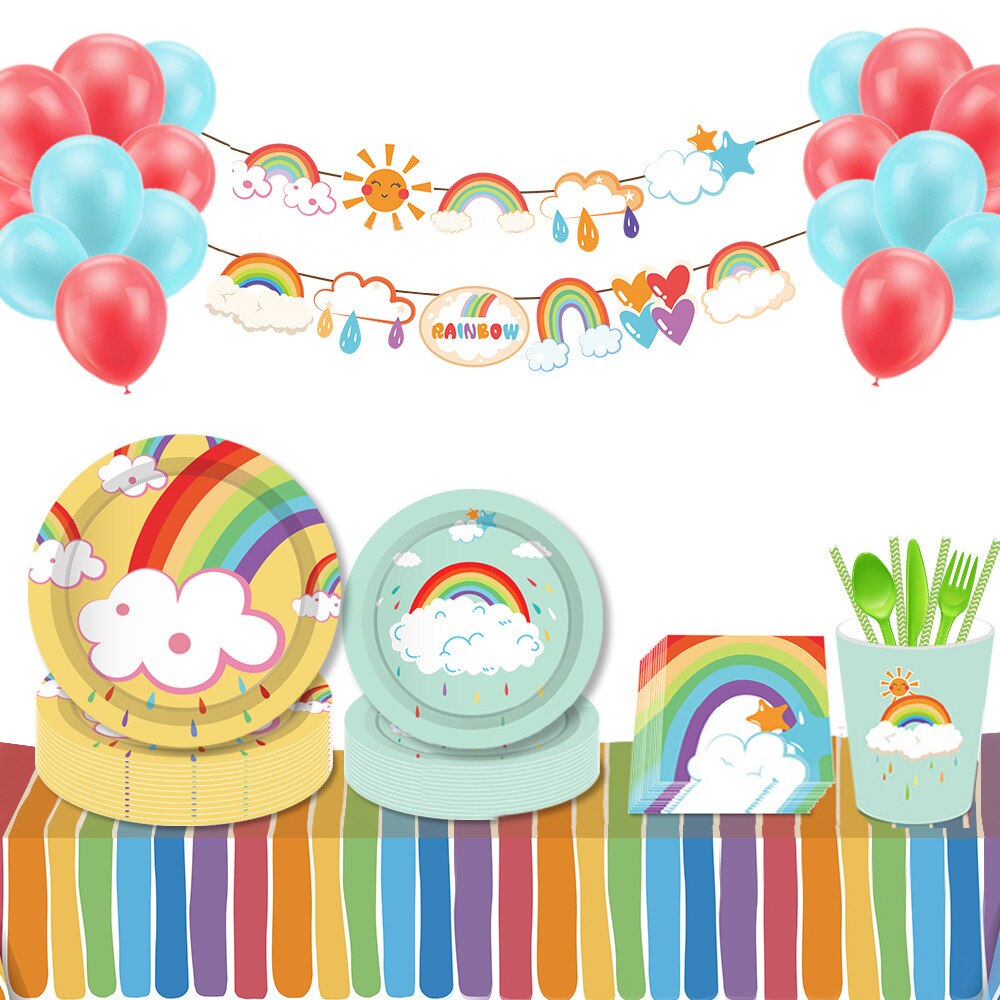 Rainbow Themed Disposable Tableware Set Paper Plate Cup Tissue Tablecloth Girl Birthday Party Baby Shower Supplies 