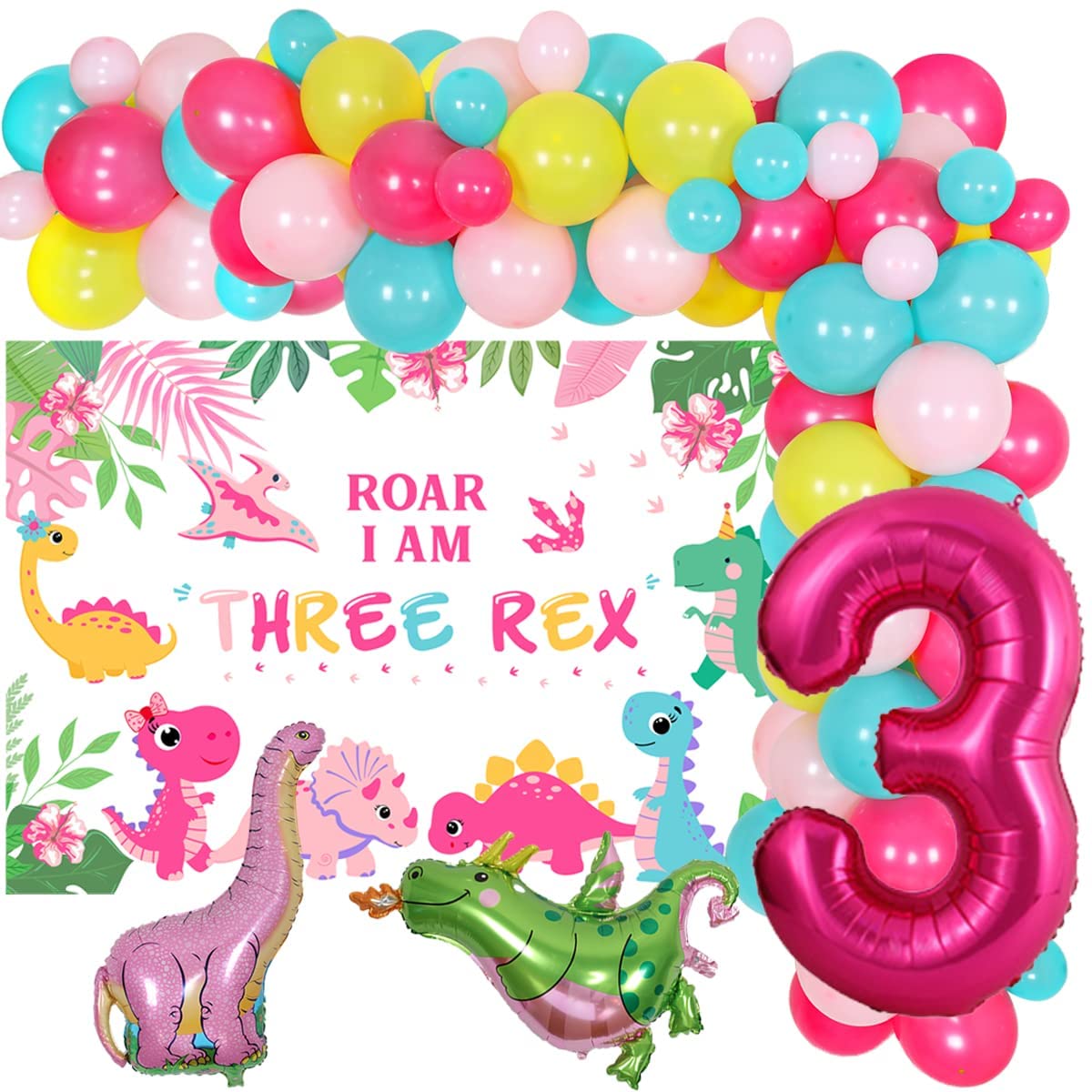 Pink Dinosaur Theme Party Supplies Balloon Garland Arch Kit I Am Three Backdrop for 3rd Birthday Party Decorations PartyDecorHQ