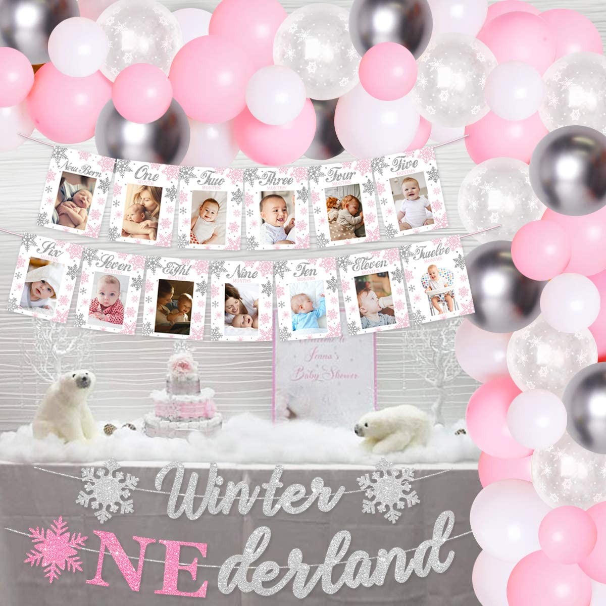 Winter Theme Party Decorations Pink Sliver Snowflake Balloon Set Photo Banner Girl st Birthday Supplies 