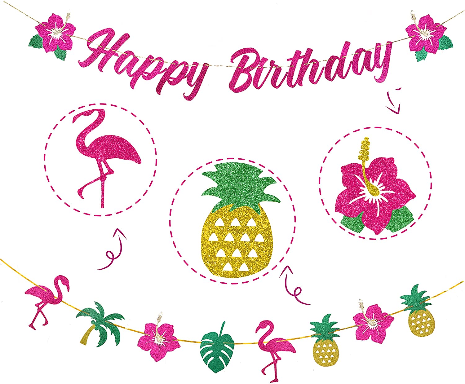 Hawaii Theme Party Decorations Pink Flamingo Tropical Flower Leaf Happy Birthday Banner Supplies 