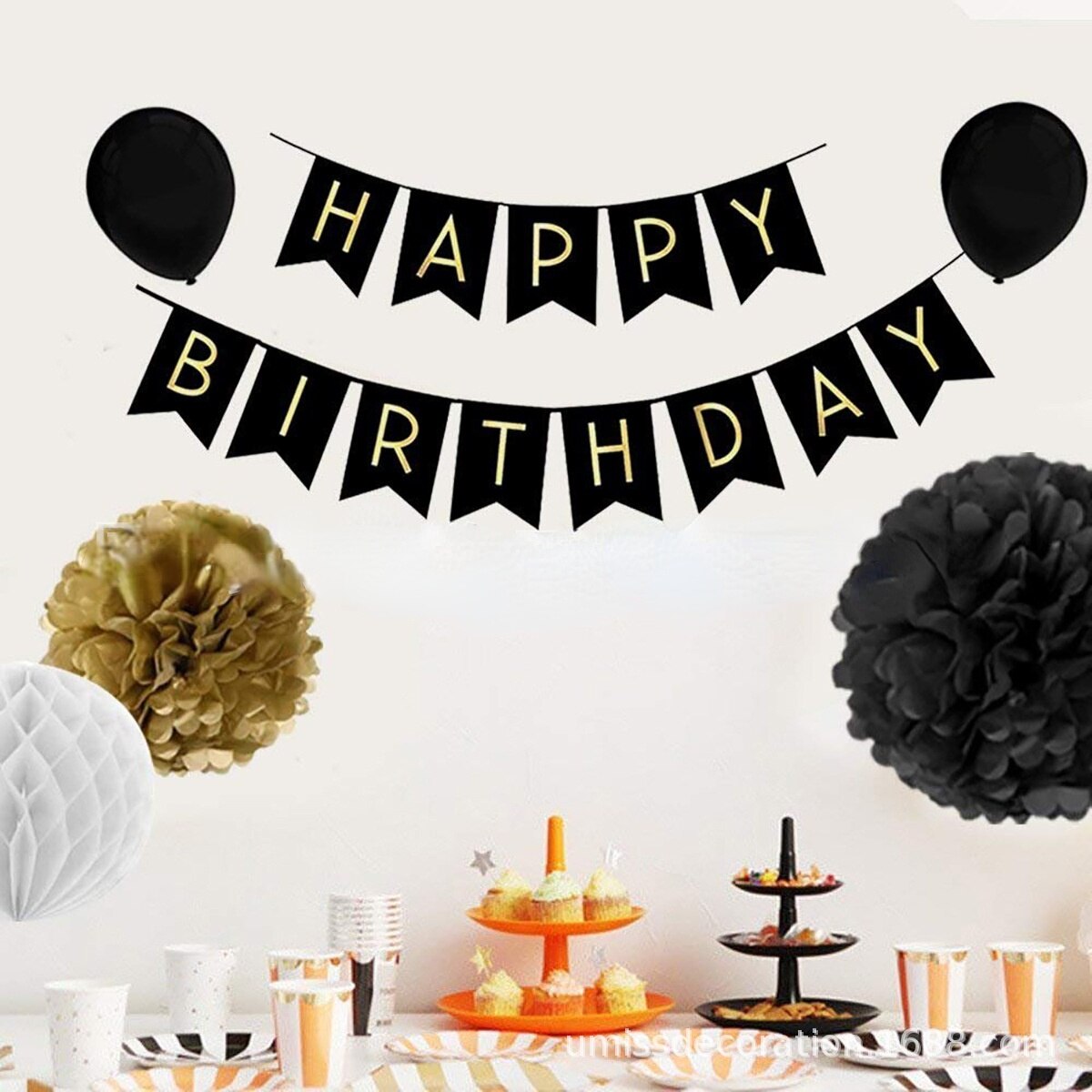 Black Latex Balloon White Paper Honeycomb Banner Grey Pompoms Lanterns Kids Adult Birthday Party Decoration Inflatable Decorations