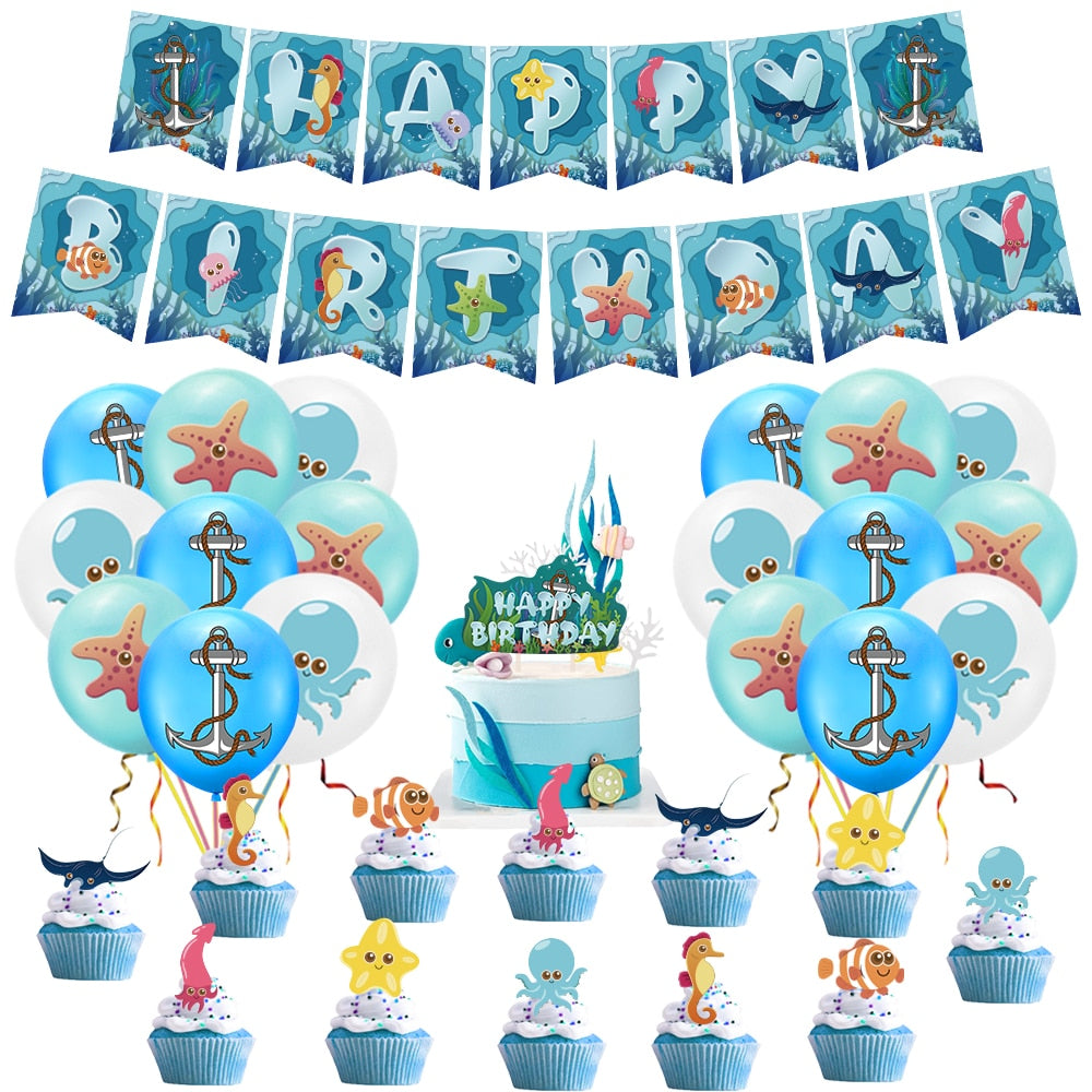 Marine Life Theme Blue Teal Latex Balloon Octopus Cupcake Topper Paper Banner Birthday Party Decorations Supplies 