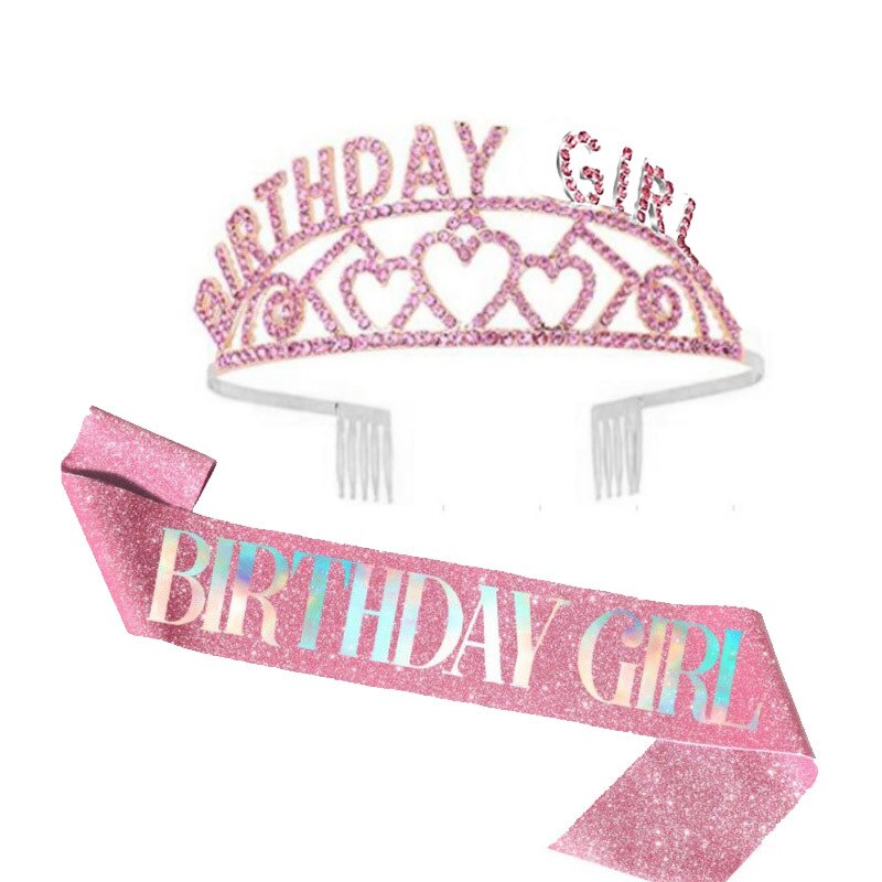 Girls Happy Birthday Party Gifts Birthday Girl Rhinestone Diamond Crown Shoulder Strap Glitter Etiquette Strap Set PartyDecorHQ