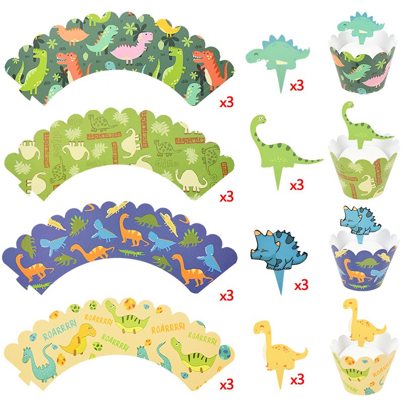 pcs Birthday Dinosaur Party Cupcake Toppers Wrapper Cartoon Animal Cake Decor Baby Shower Kids Favors Flag 