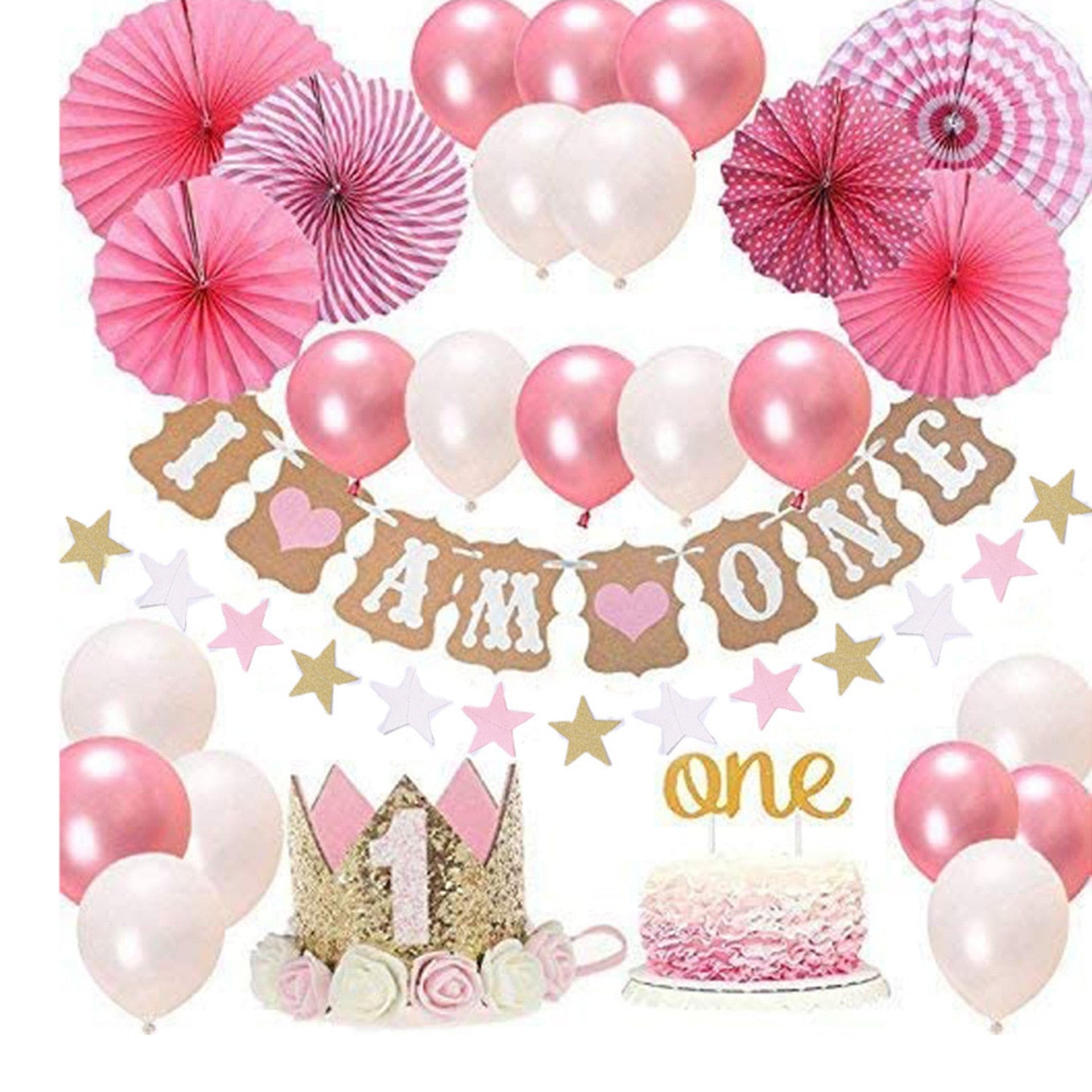 Pink Party Decoration White Latex Balloon Set Letter Banner Cake Topper Baby Girl st nd Birthday Supplies 