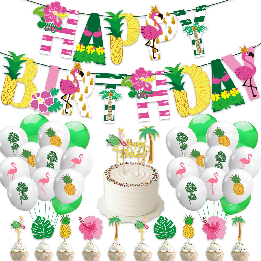 Hawaii Party Decoration Pink Green Confetti Balloon Cake Toppers Happy Birthday Banner for Birthday Party Supplies PartyDecorHQ