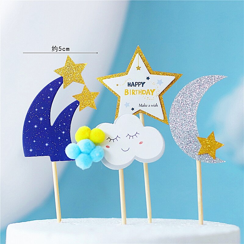 Universe Stars Rocket Astronaut Moon Happy Birthday Letter Decoration Cake Topper Dessert Children's Day Lovely Gifts 