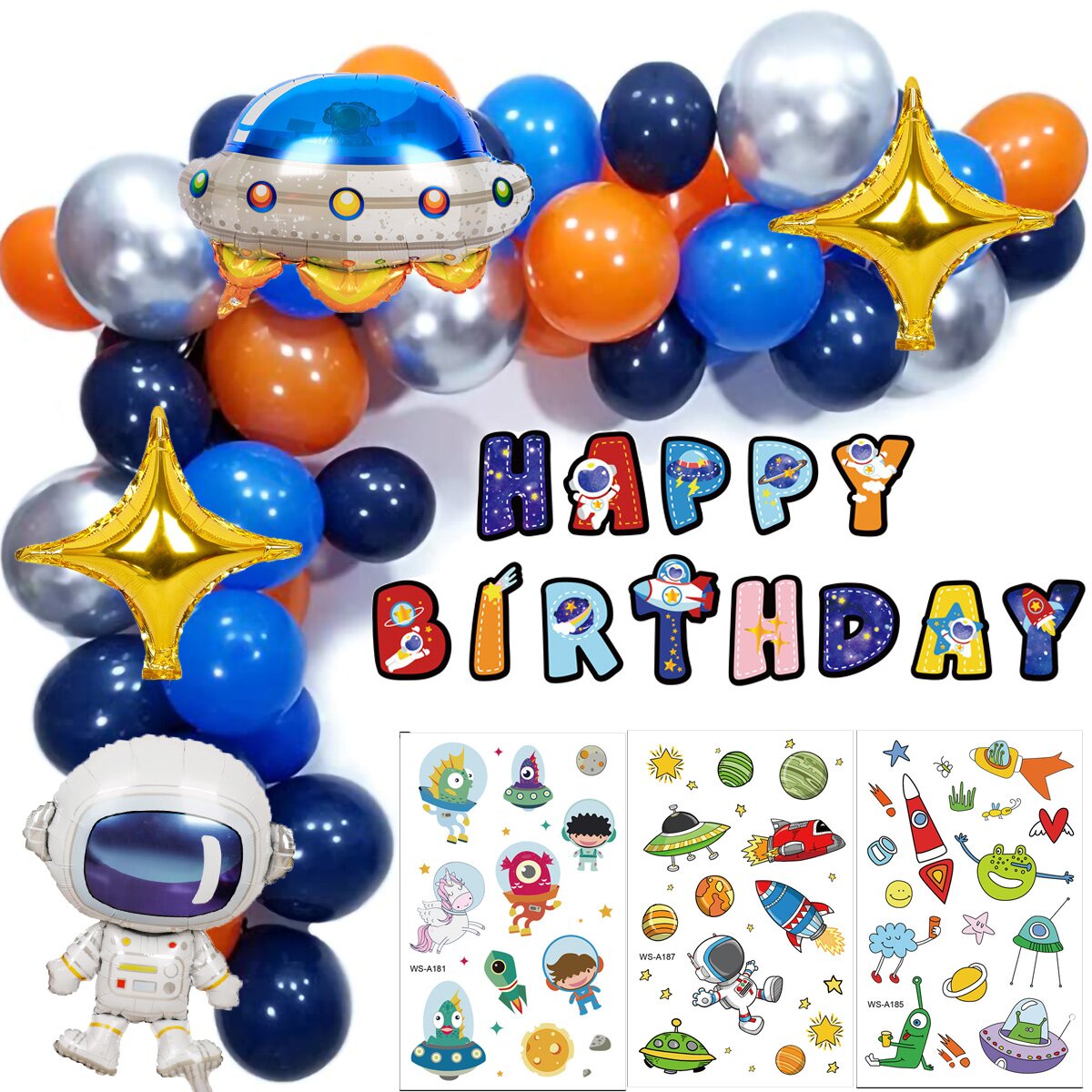 Space Astronaut Latex Balloon Set Letter Banner Star Spaceman Foil Balloon Stickers for Boy Birthday Party Decoration PartyDecorHQ