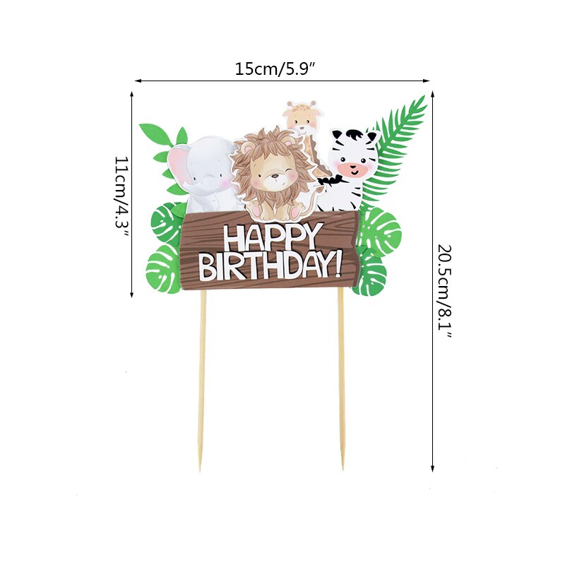 Forest Cartoon Animal Cute Green Leaf Cake Topper Children Birthday Theme Party Lion Giraffe Elephant Monkey Cupcake Insert Card PartyDecorHQ