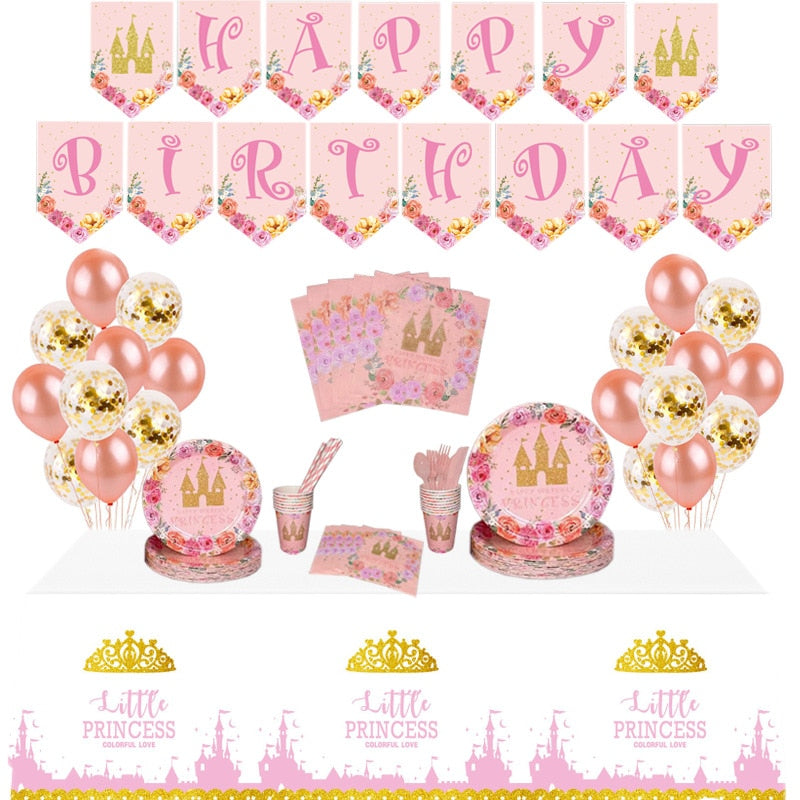 Princess Crown Pink Confetti Latex Balloon Disposable Tableware Paper Plate Tissue Set Girls Birthday Party Supplies 