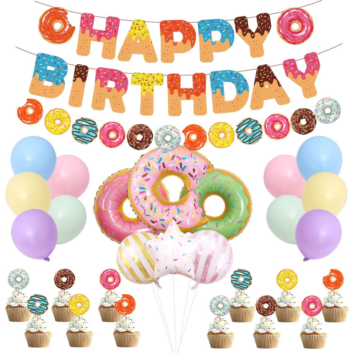 Sweet Donut Theme Party Decoration Balloon Set HAPPY BIRTHDAY Banner Macaron Cake Topper Birthday Supplies 