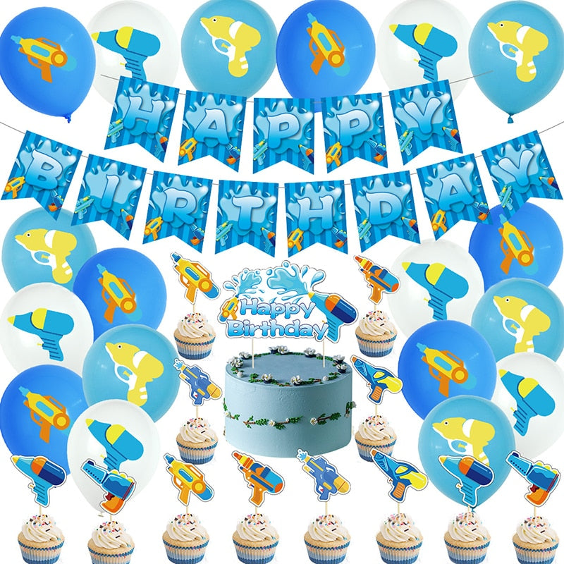 Summer Pool Party Decorations Balloons Set Water Pistol Pattern Banner Cake Topper Birthday Supplies 