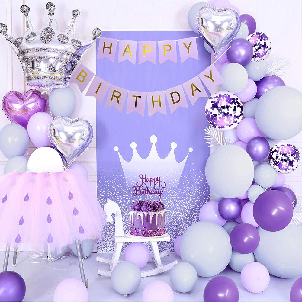 Purple Latex Balloons Set Silver Crown Heart Foil Girls Birthday Baby Shower Party Decorations Supplies 