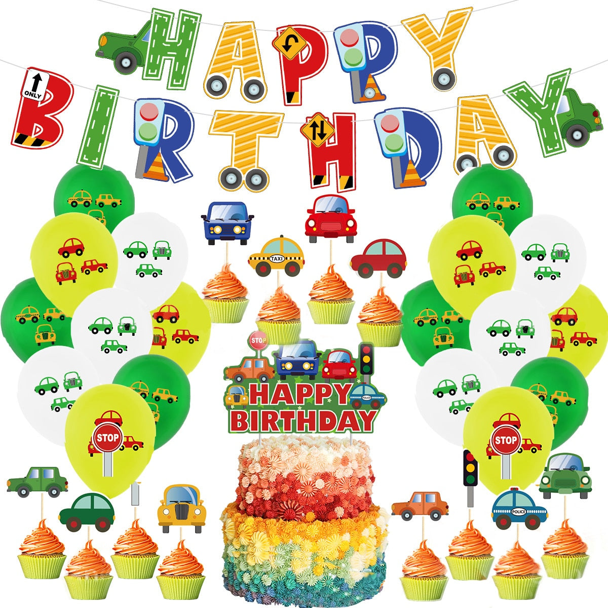 Car Theme Birthday Party Decoration Cartoon Balloon Set Banner Cake Topper Boys st nd rd Supplies 