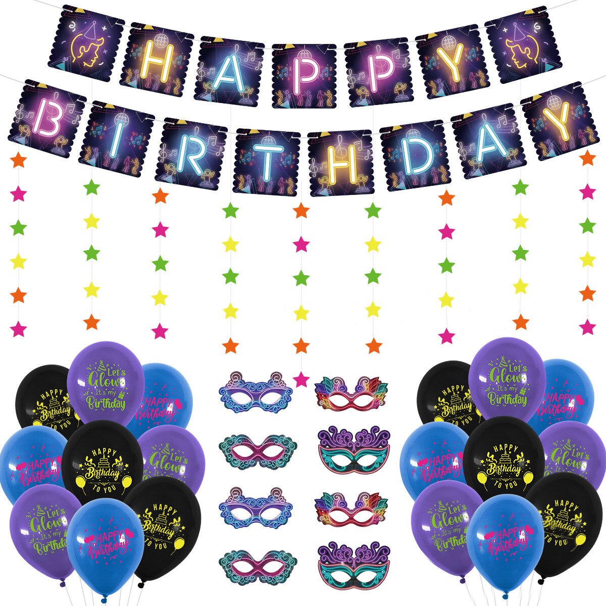 Luminous Glow Birthday Party Decoration Balloon Set Letter Banner Cake Topper Mask Youth Carnival Supplies 