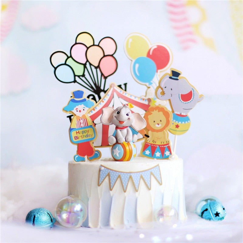 Circus Monkey Clown Elephant Clay Cake Decoration Hollow Star Ball Happy Birthday Cake Topper for Boy Girl Baking Supplies Gifts PartyDecorHQ