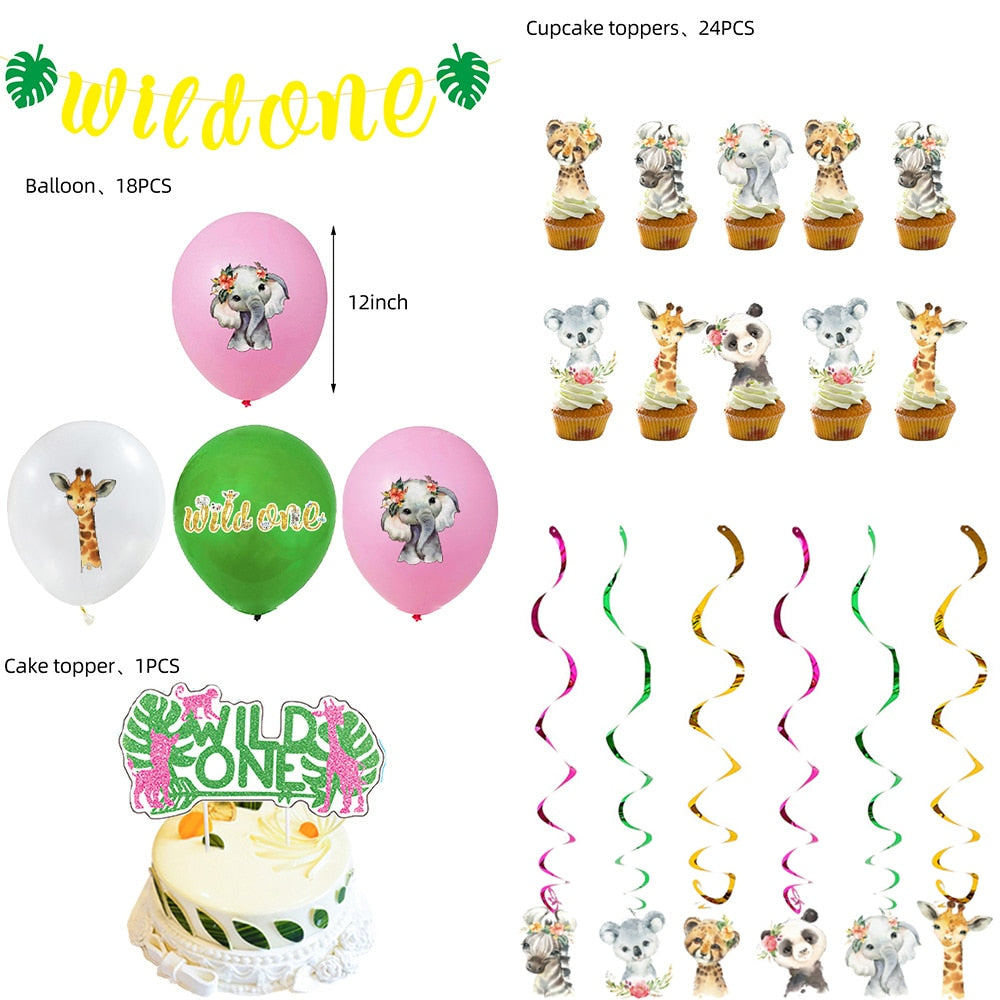 Pink WILD ONE Girls st Birthday Party Decoration Balloons Set Jungle Animals Banner Cake Toppers Supplies 