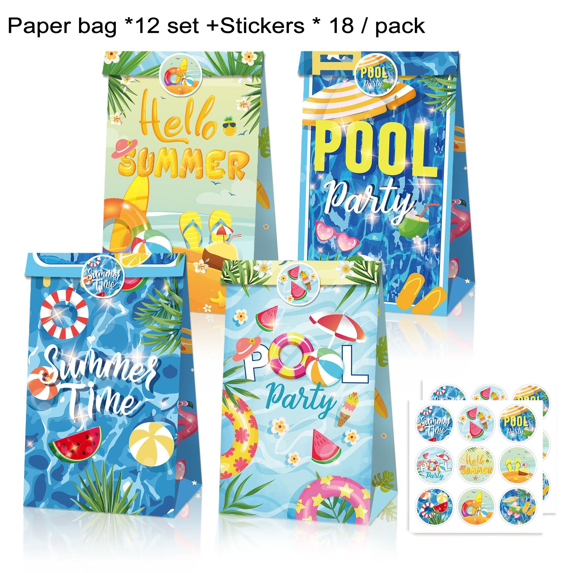 Summer Sea Surfboard Beach Kraft Paper Gift Candy Bag Sticker Set Party Wonderful Time Kids 