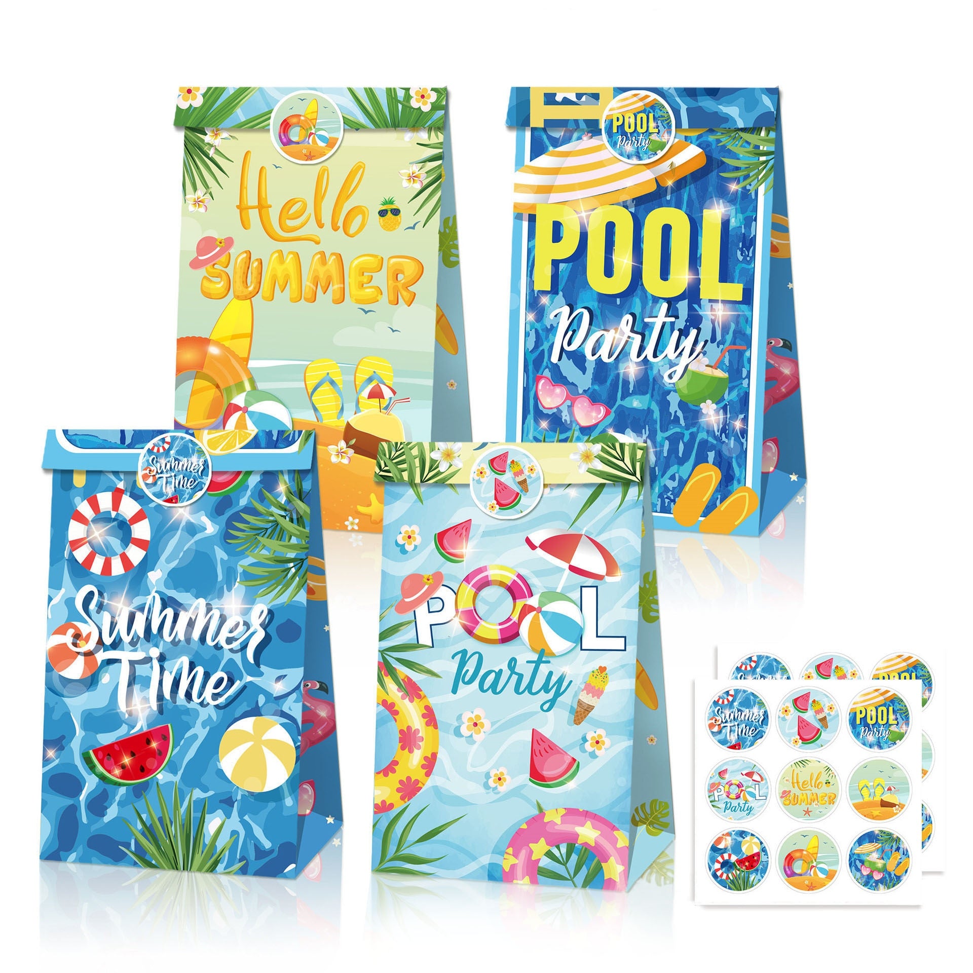 Summer Sea Surfboard Beach Kraft Paper Gift Candy Bag Sticker Set Party Wonderful Time Kids 