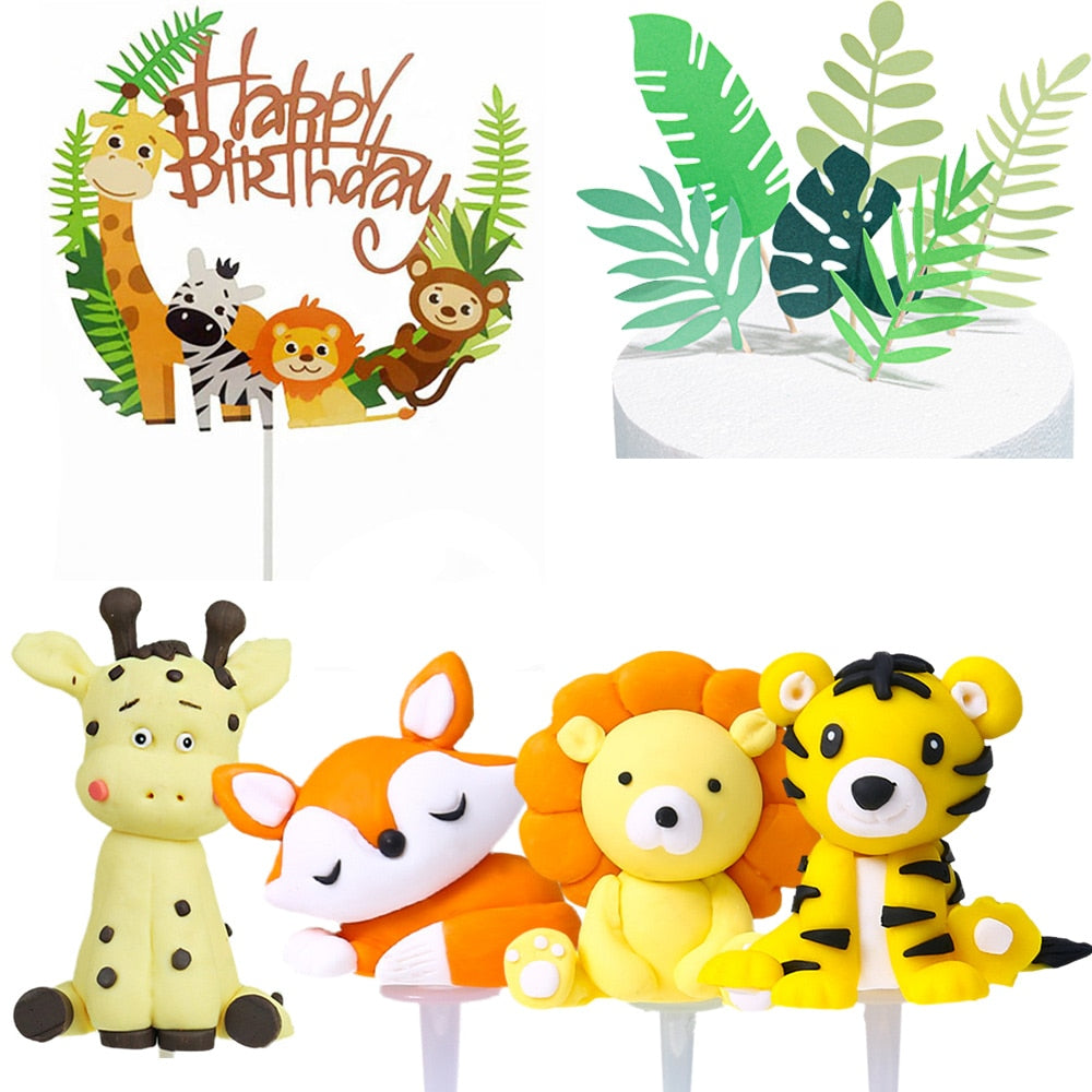 6pcs/Pack Jungle Cake Toppers Set Child Birthday Cake Decoration Safari Animals Giraffe Lion Soft Clay Turtle Leaf Supplies PartyDecorHQ