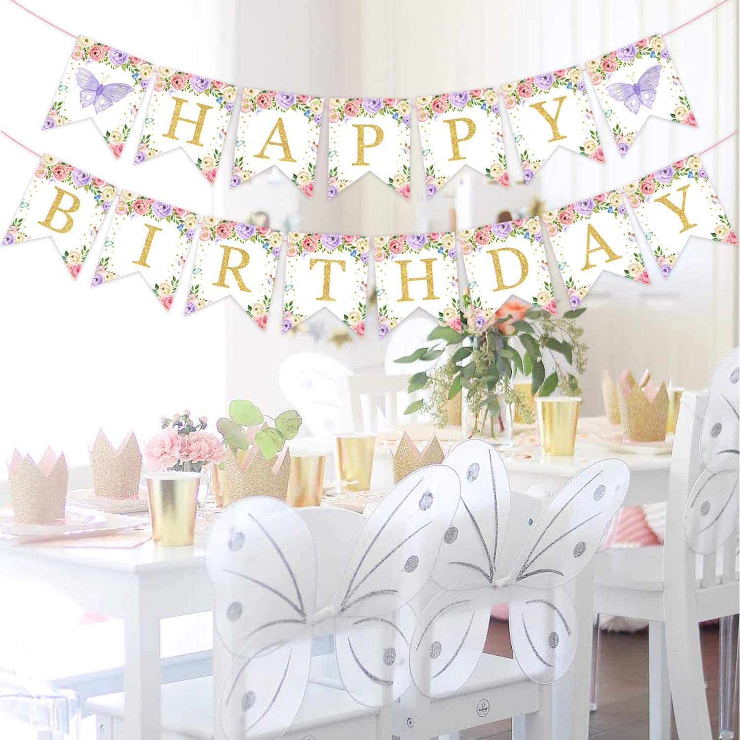 Butterfly Theme Party Decorations Happy Birthday Butterfly Floral Banner for 1st 2nd 3rd Birthday Party Supplies PartyDecorHQ