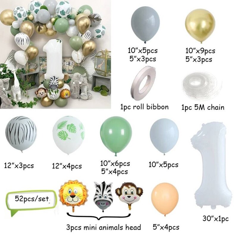 Avocado Green Balloon Garland Arch Kit White Inch Number Jungle Safari Wild First Birthday Boy Party Decorations Kids Inflatable