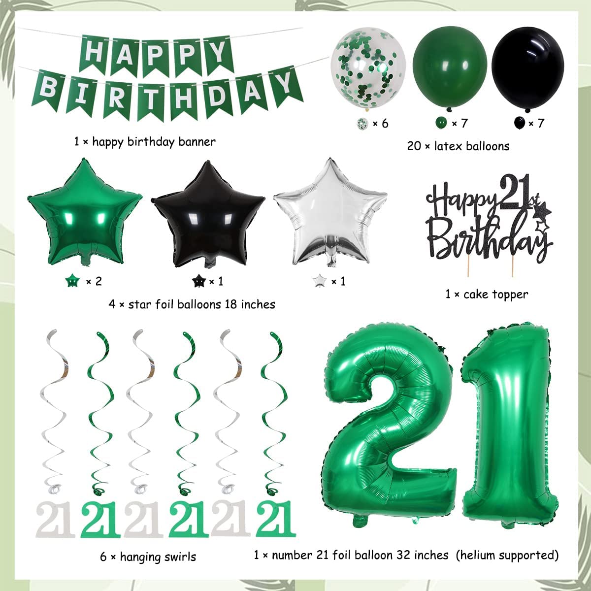 21st Birthday Party Decorations Green Banner Cake Topper Number 21 Foil Balloon  21 Year Old Birthday Party Supplies PartyDecorHQ