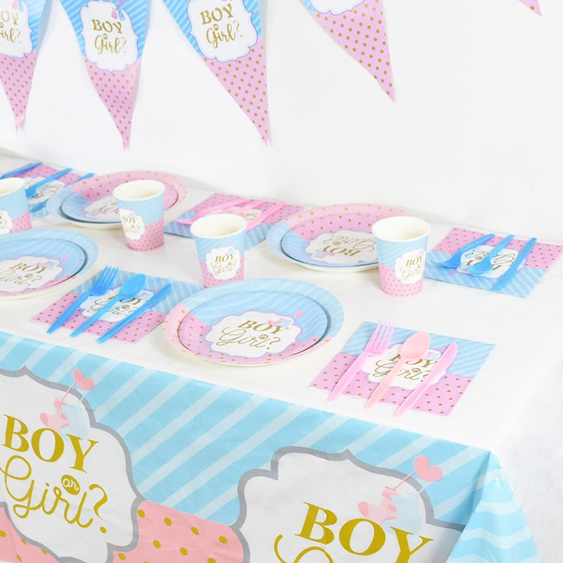 Gender Reveal Disposable Tableware Pink Blue Boy Girl Paper Plates Cups Napkins Baby Shower Party Table Decoration Supplies 