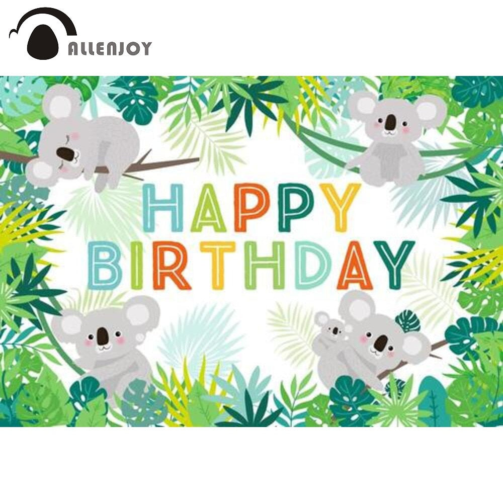 Happy Birthday Background Koala Tropical Leaves Forest Baby Shower Boy Girl Party Backdrop Photobooth Photophone 