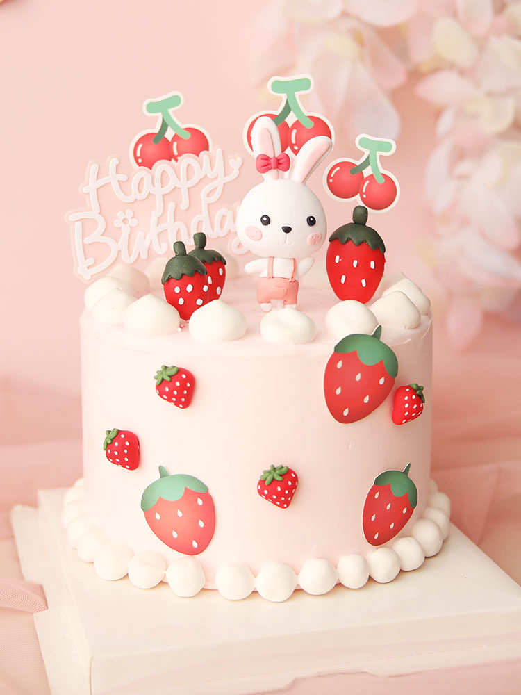 Pink Bunny Baby Strawberry Decoration Happy Birthday Rabbit Moon Cake Topper Children Kid Party Baking Supplies Lovely Gift 