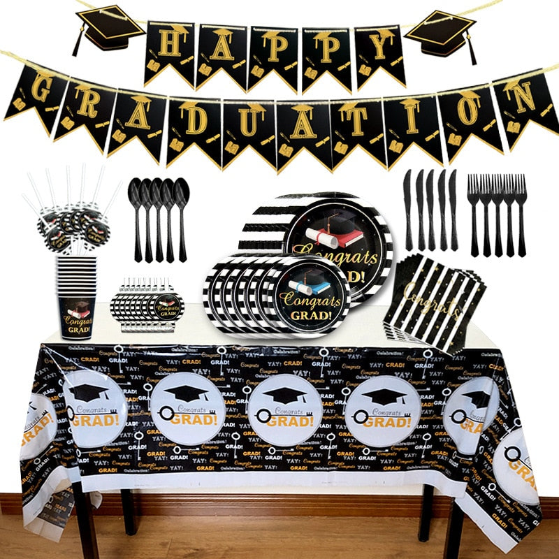 Happy Graduation Party Decoration Set Congrats Grad Tableware Paper Plate Cup Banner Tablecloth Supplies 