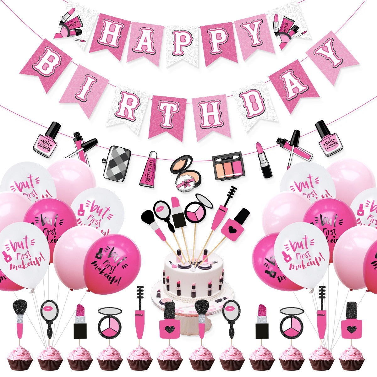 Pink Balloons Set Cake Toppers Happy Birthday Banner for Girls Makeup Theme Birthday Party Decorations Supplies PartyDecorHQ