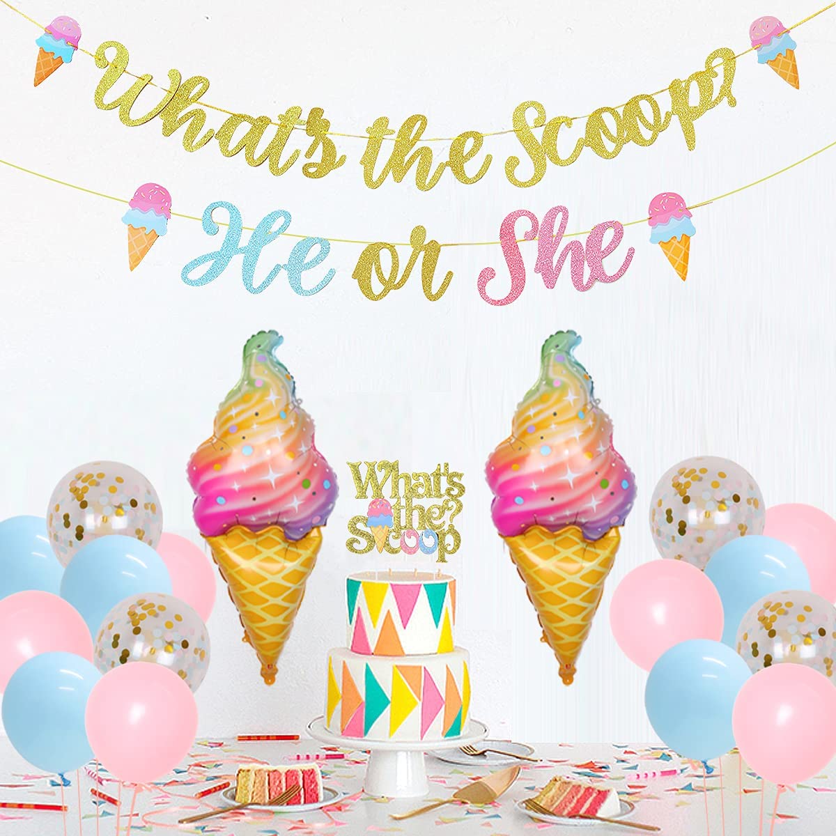 Gender Reveal Theme Party Decorations What’s Scoop Banner Ice Cream Foil Balloons Supplies 