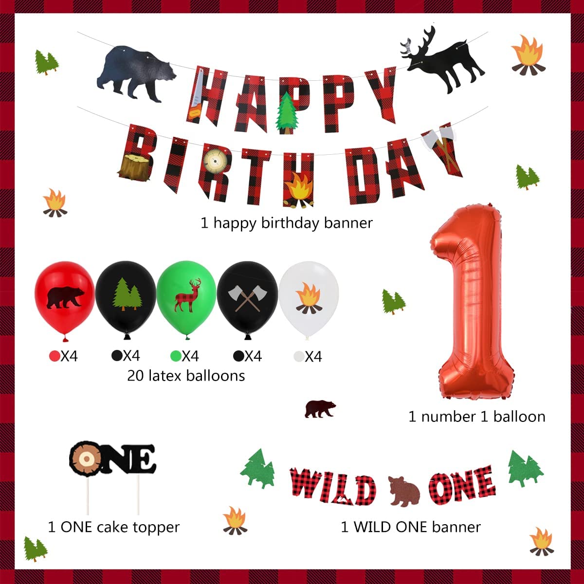 Lumberjack Theme Party Supplies Wild One Foil Balloons Set Cake Topper Boys Girls st Birthday Decoration 