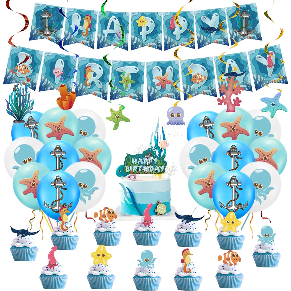 Marine Life Theme Blue Teal Latex Balloon Octopus Cupcake Topper Paper Banner Birthday Party Decorations Supplies 